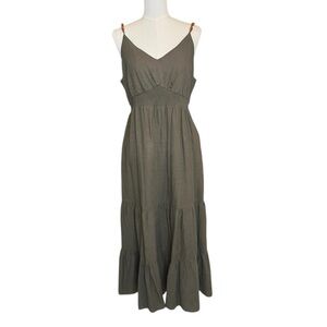 Nicole Miller Olive Green Maxi Dress XL Smocked Waist Sleeveless Linen Blend